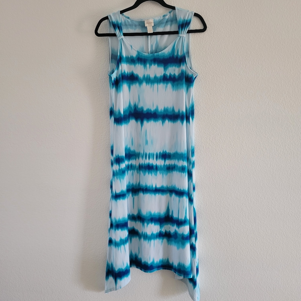 Chico's Size 1 Wrinkle Resistant Blue Abstract Print Hankerchief Hem Tank Dress